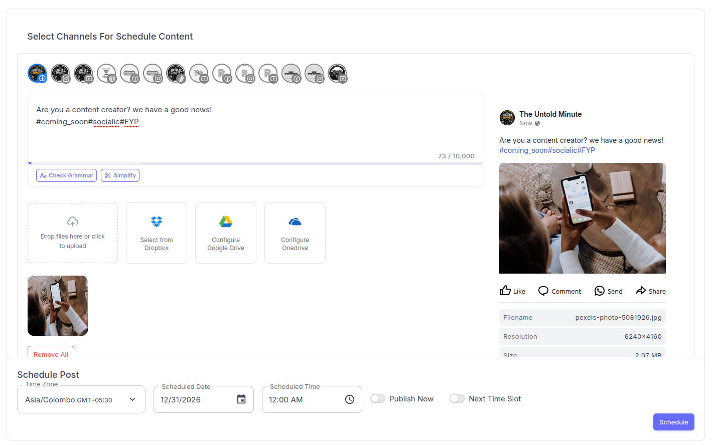 The Socialic Content Creator showing selected channel avatars along the top, a caption field with a live character counter, a media upload area with device and cloud storage options, a live post preview on the right, and a Schedule Post bar at the bottom