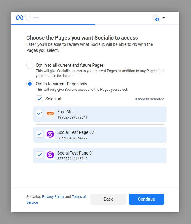 Facebook's own authorization screen titled 'Choose the Pages you want Socialic to access', with 'Opt in to current Pages only' chosen, 'Select all' checked, and every Page in the list ticked
