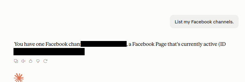 Claude chat: the user asks to list their Facebook channels. Claude replies that there's one Facebook channel, a Facebook Page that's currently active, with its name and internal ID redacted in this screenshot