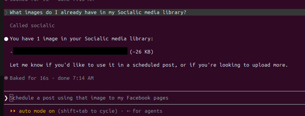 Claude Code terminal: the user asks what images they already have in their Socialic media library. Claude responds there is one image (filename redacted) at about 26 KB, then the user starts typing a follow-up request to schedule a post using that image to their Facebook pages
