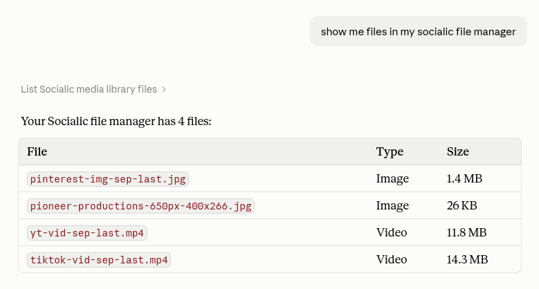 Chat response listing four files in the Socialic media library: pinterest-img-sep-last.jpg (image), yt-vid-sep-last.mp4 (video), tiktok-vid-sep-last.mp4 (video), and a fourth image with its filename redacted in this screenshot, with their sizes