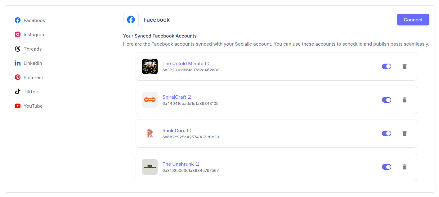 The Socialic Sync page showing the Facebook tab with connected accounts, a platform list on the left (Facebook, Instagram, Threads, LinkedIn, Pinterest, TikTok, YouTube), and a Connect button