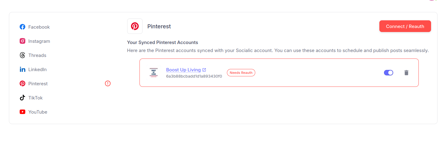 The Sync page with a red warning icon next to Pinterest in the sub-menu, and the Pinterest panel showing a connected account outlined in red with a 'Needs Reauth' badge, its toggle still on, and a red 'Connect / Reauth' button in the top right