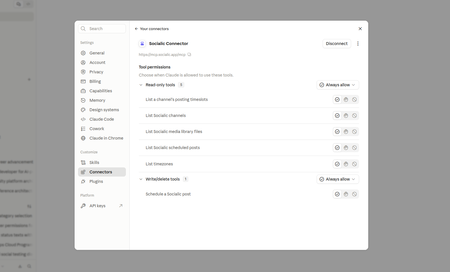The Socialic Connector's settings page on claude.ai, showing all six registered tools split into Read-only tools (5) and Write/delete tools (1), each with an Always allow / Ask each time / Never permission toggle